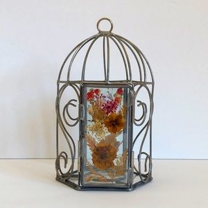 Vintage Pressed Flower Silver Tone Birdcage Candle Holder
